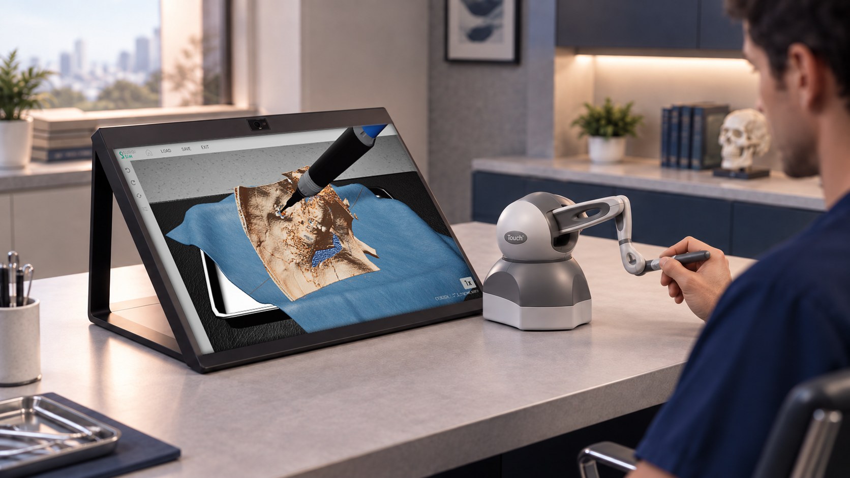 A surgeon uses a haptic stylus to dissect patient anatomy shown on a spatial reality display